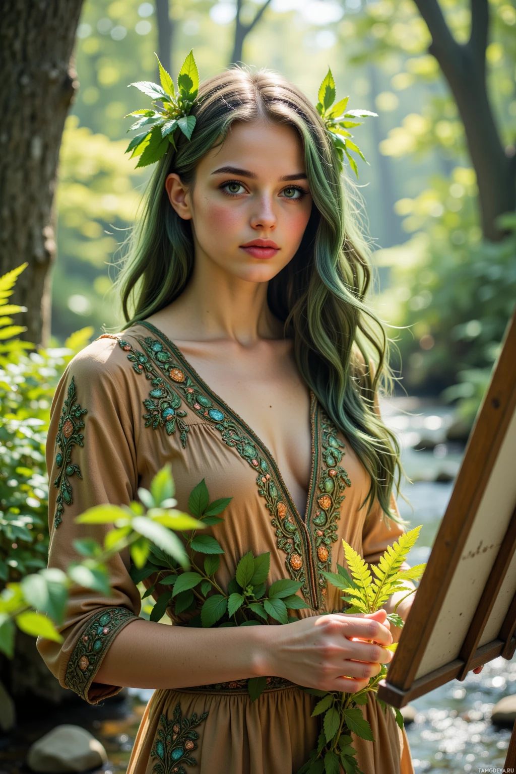 A woman in a forest setting, wearing a brown dress with green embroidery, holding a branch of leaves.