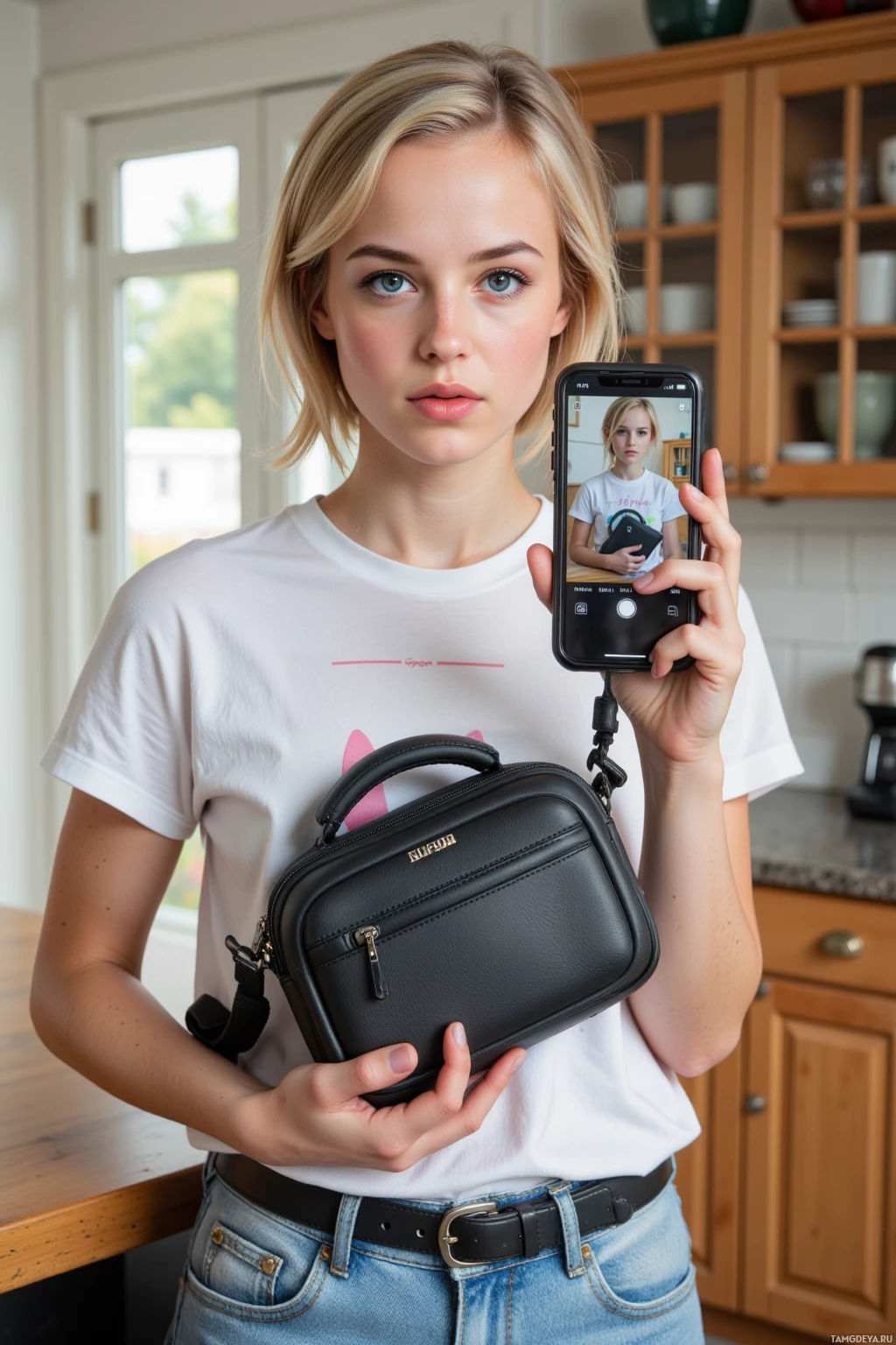 A person holds a smartphone displaying a photo of themselves holding a black camera bag in a kitchen setting.