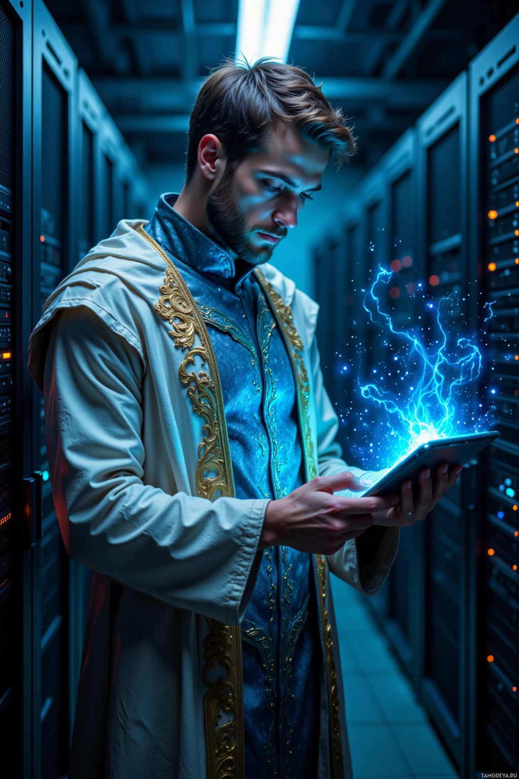 A man in ornate attire stands in a server room, holding a glowing tablet.