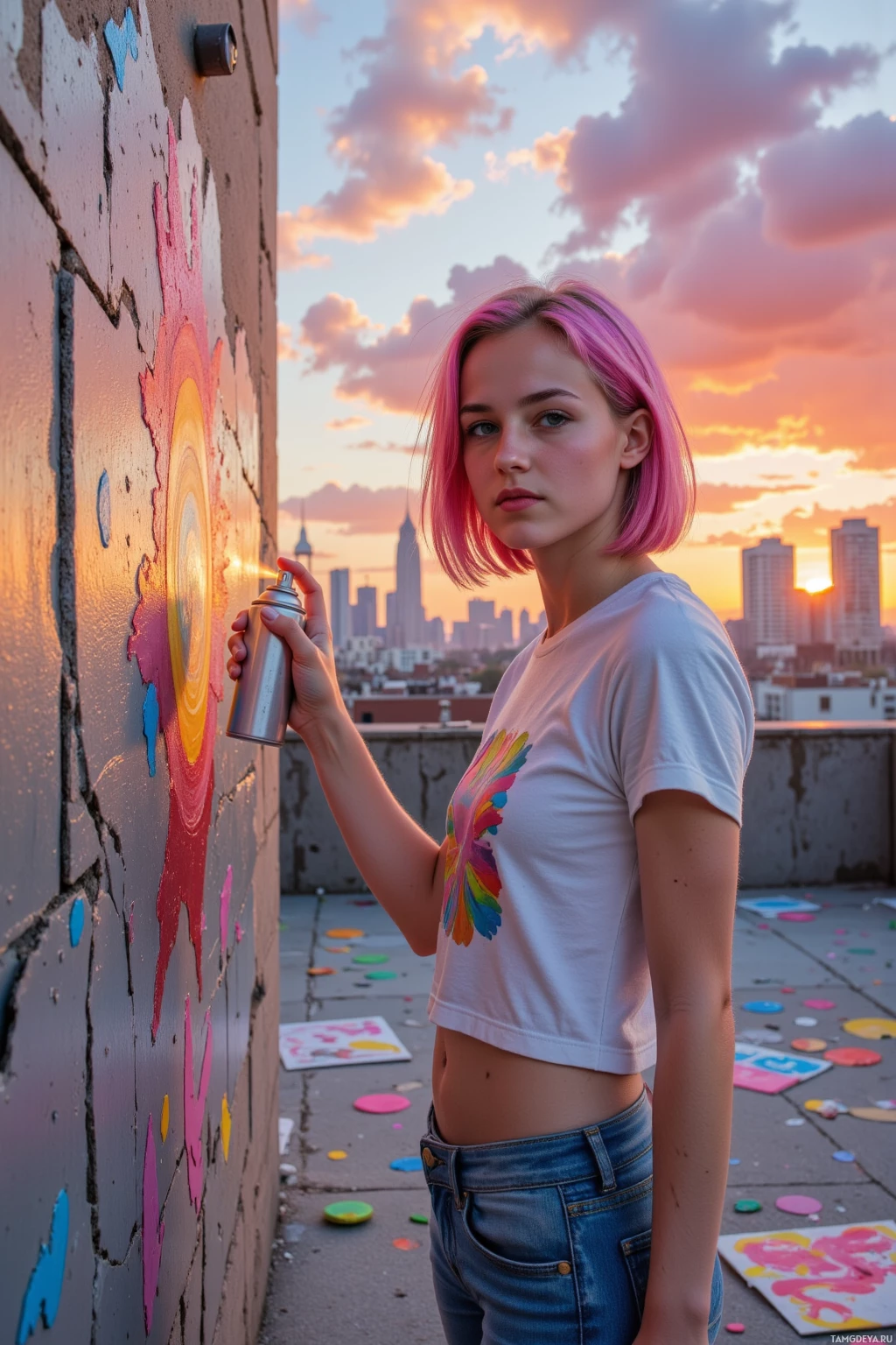 A person with pink hair spray painting a wall at sunset.