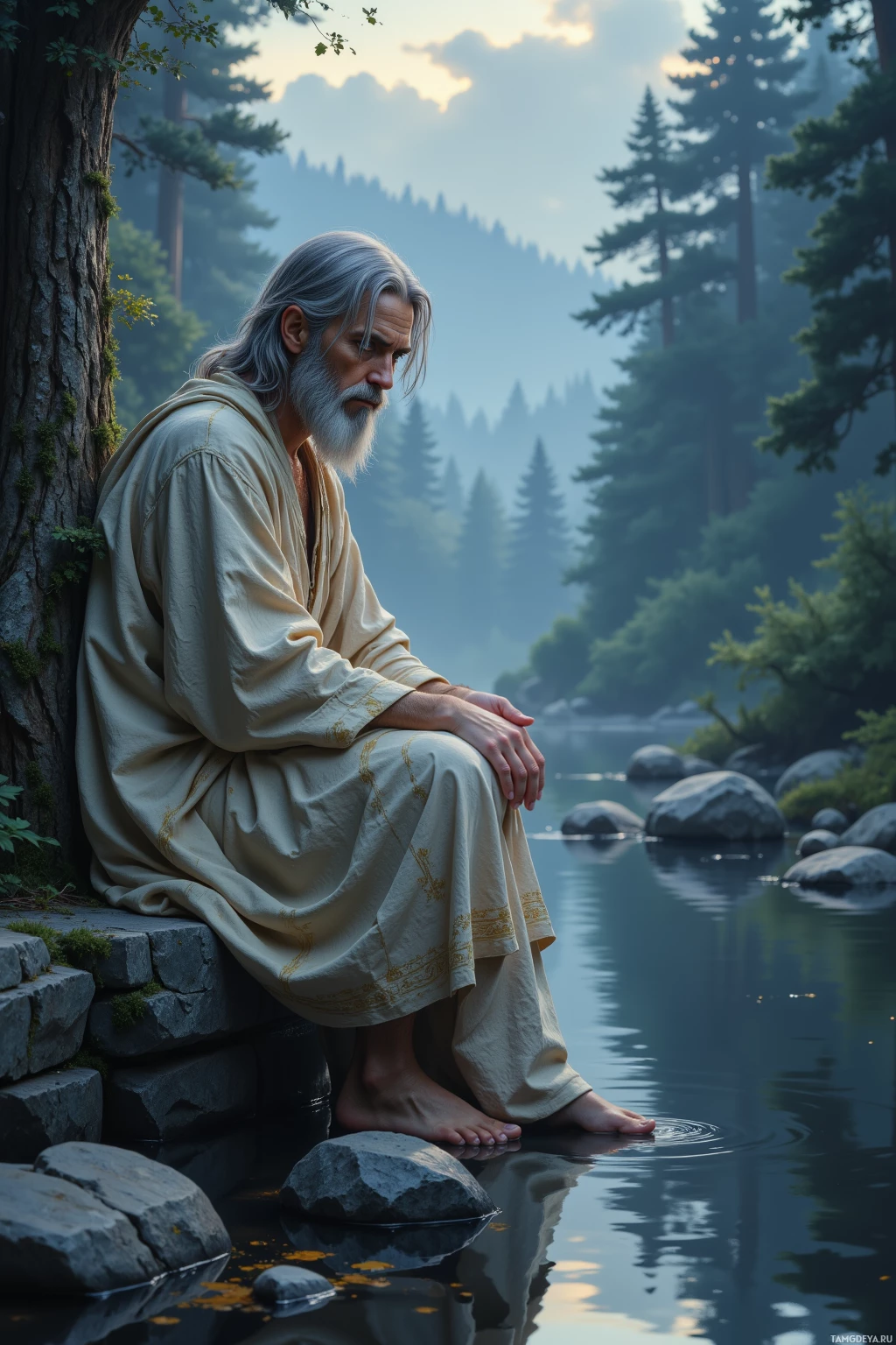 A serene figure in a robe sits contemplatively by a tranquil river, surrounded by lush greenery and towering trees.