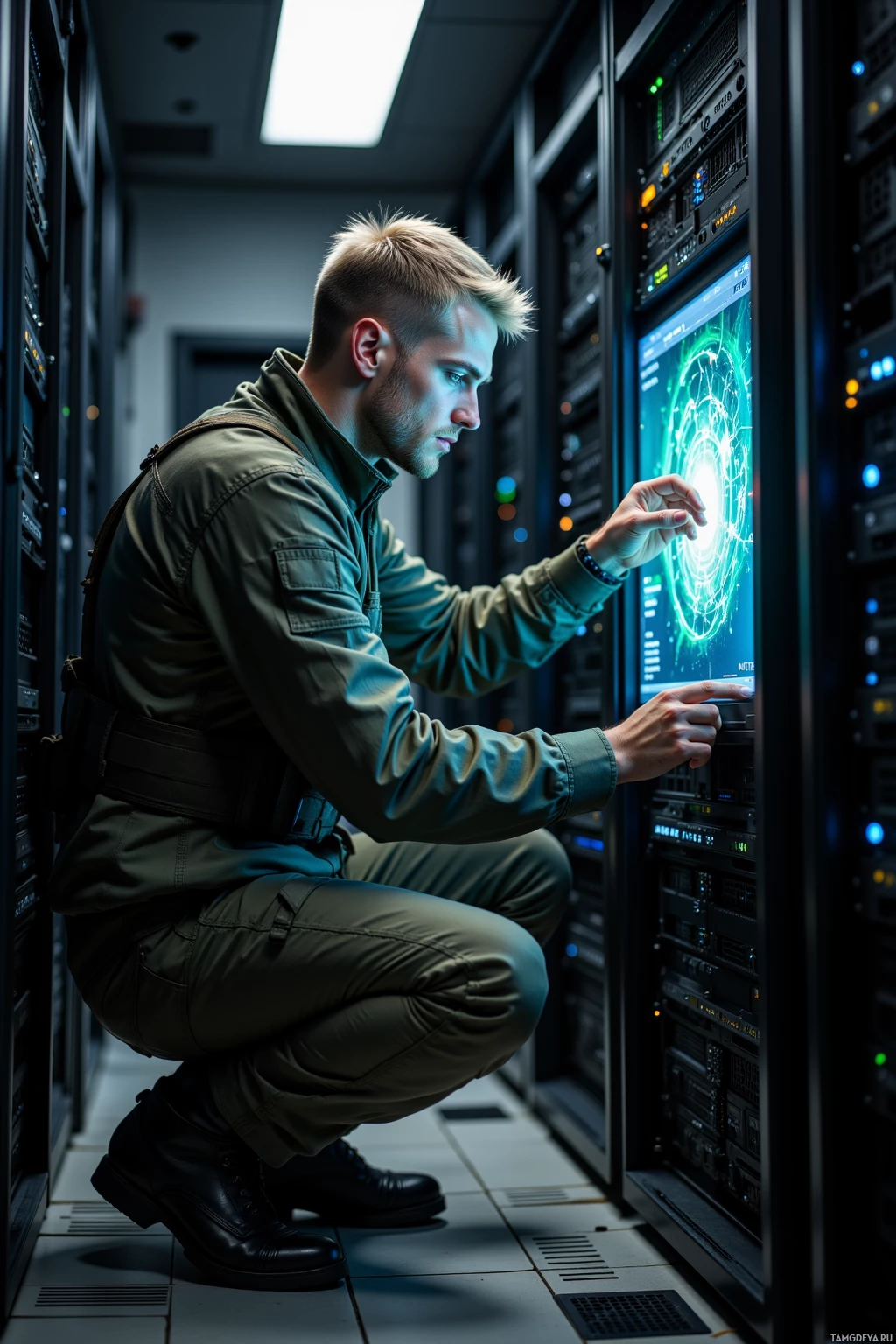 A man in a server room interacts with a large server panel.