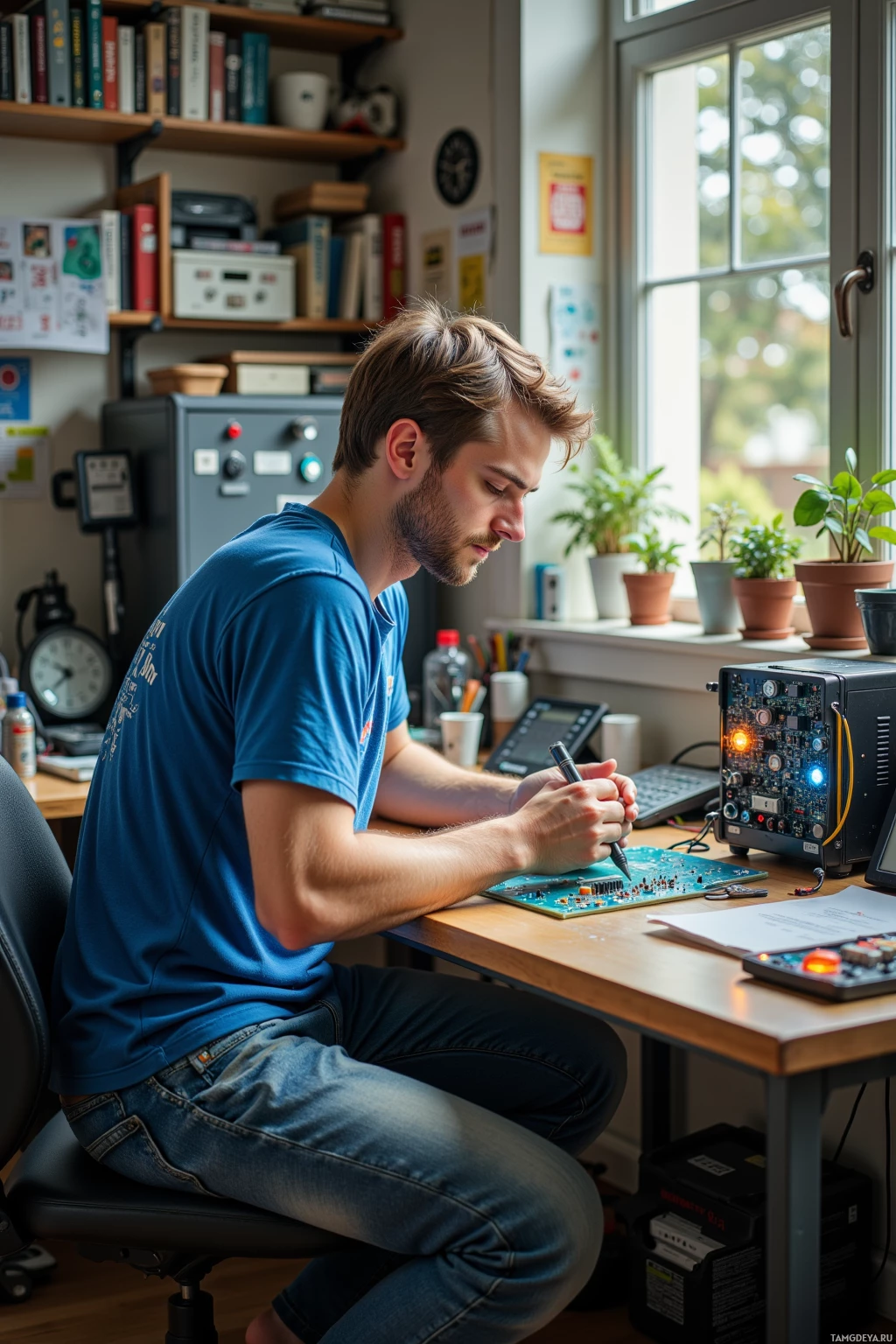 A person is working on a circuit board at a desk in a well-lit room.