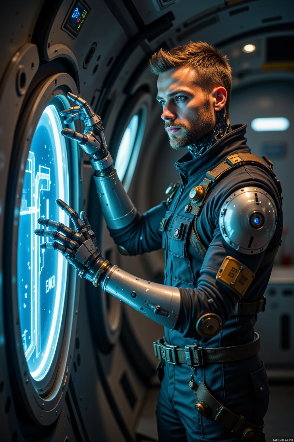 A person in a futuristic outfit with a robotic arm is interacting with a circular interface.