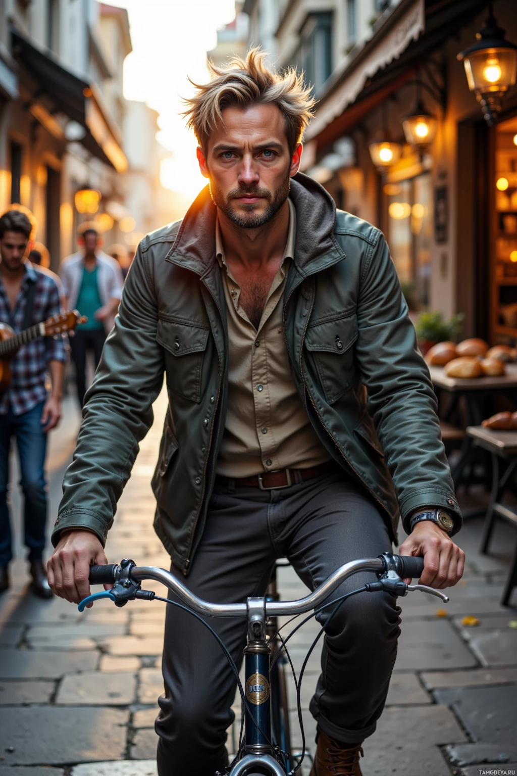A man rides a bicycle down a cobblestone street in a city.