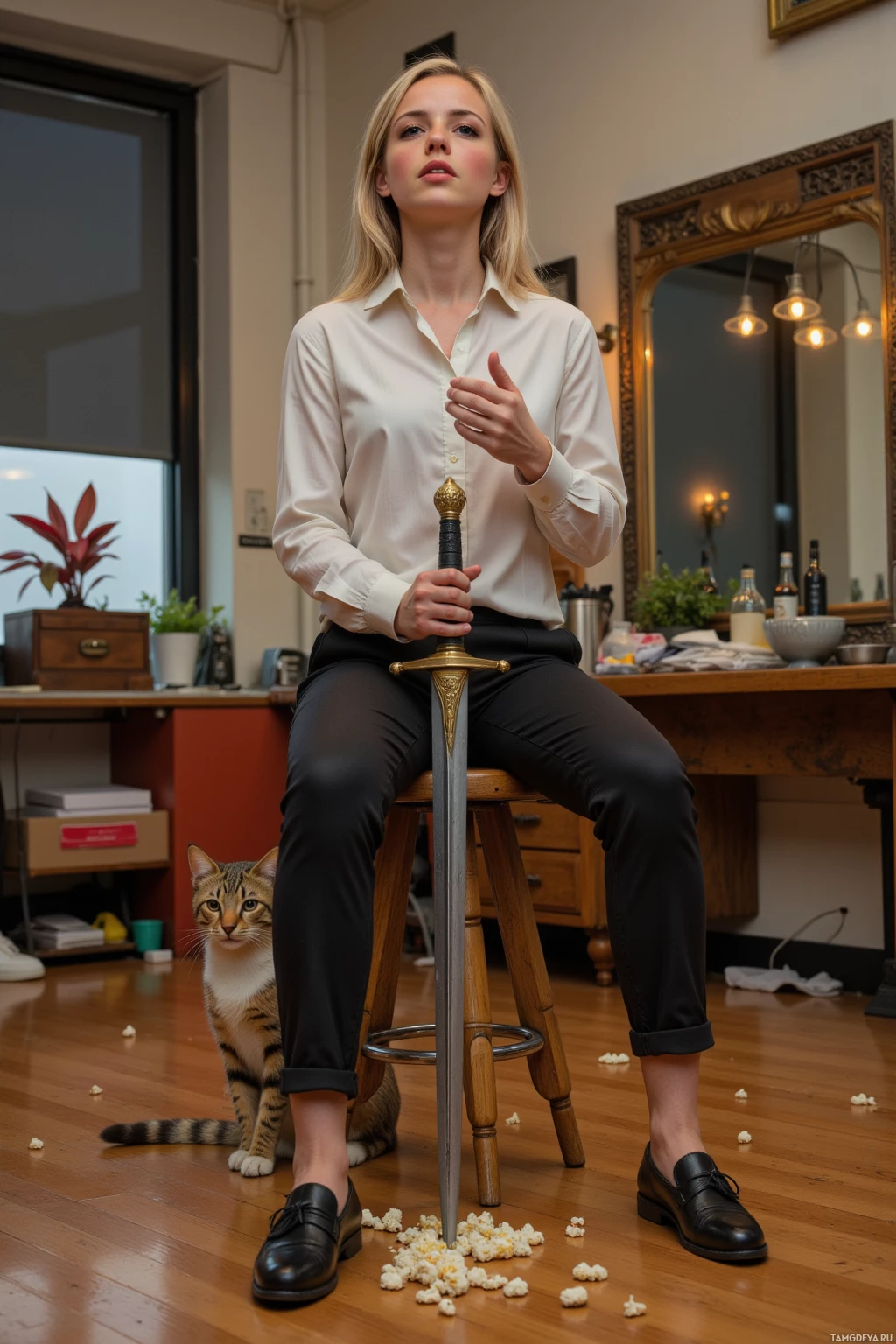 A woman in a white shirt and black pants sits on a stool, holding a sword, with a cat and popcorn scattered on the floor.