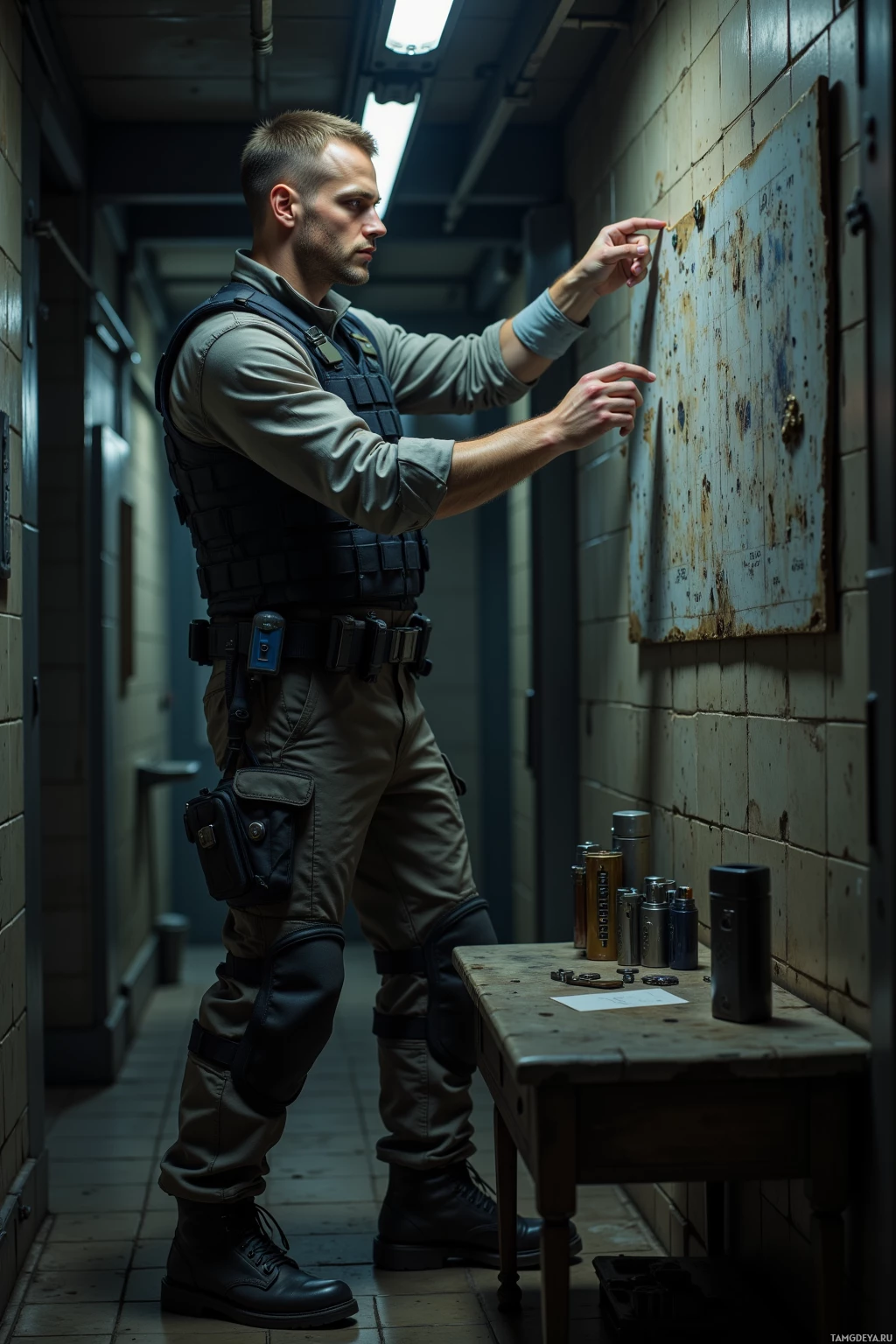 A man in tactical gear points at a map on a wall in a dimly lit corridor.