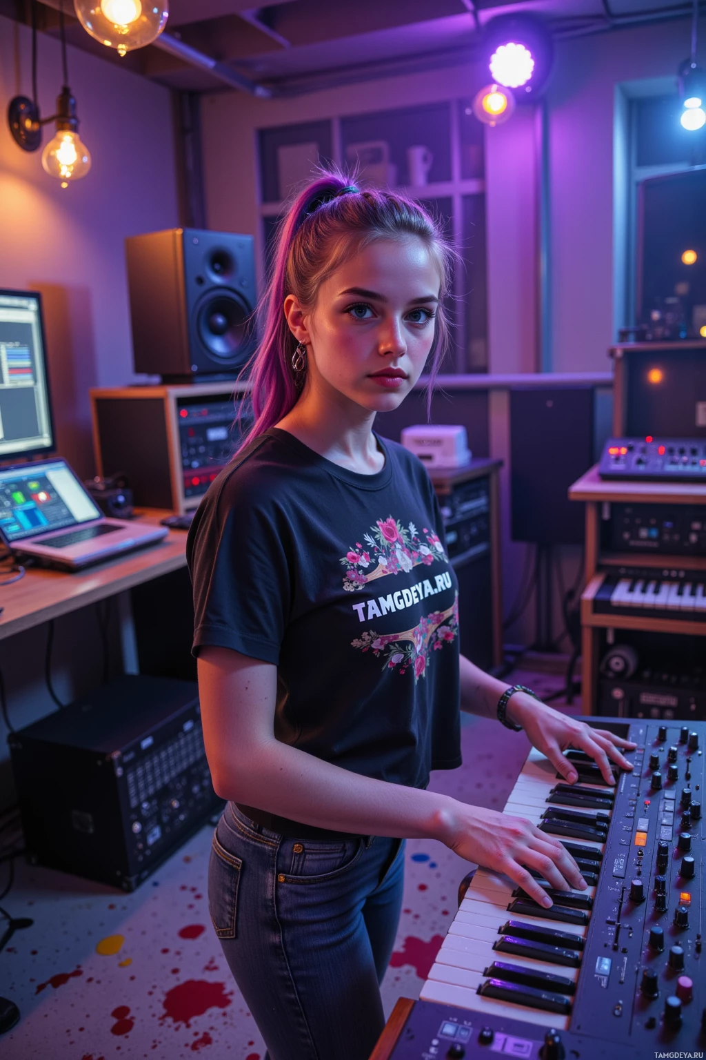 A young woman stands in a music studio, wearing a black t-shirt and jeans, with her hands on a keyboard.