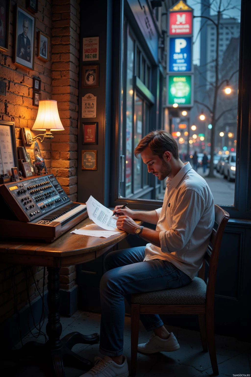 A man sits at a desk in a cozy café, writing on a sheet of paper with a pen.