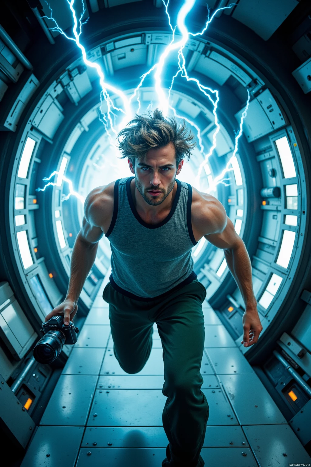 A muscular man in a futuristic corridor holding a camera.