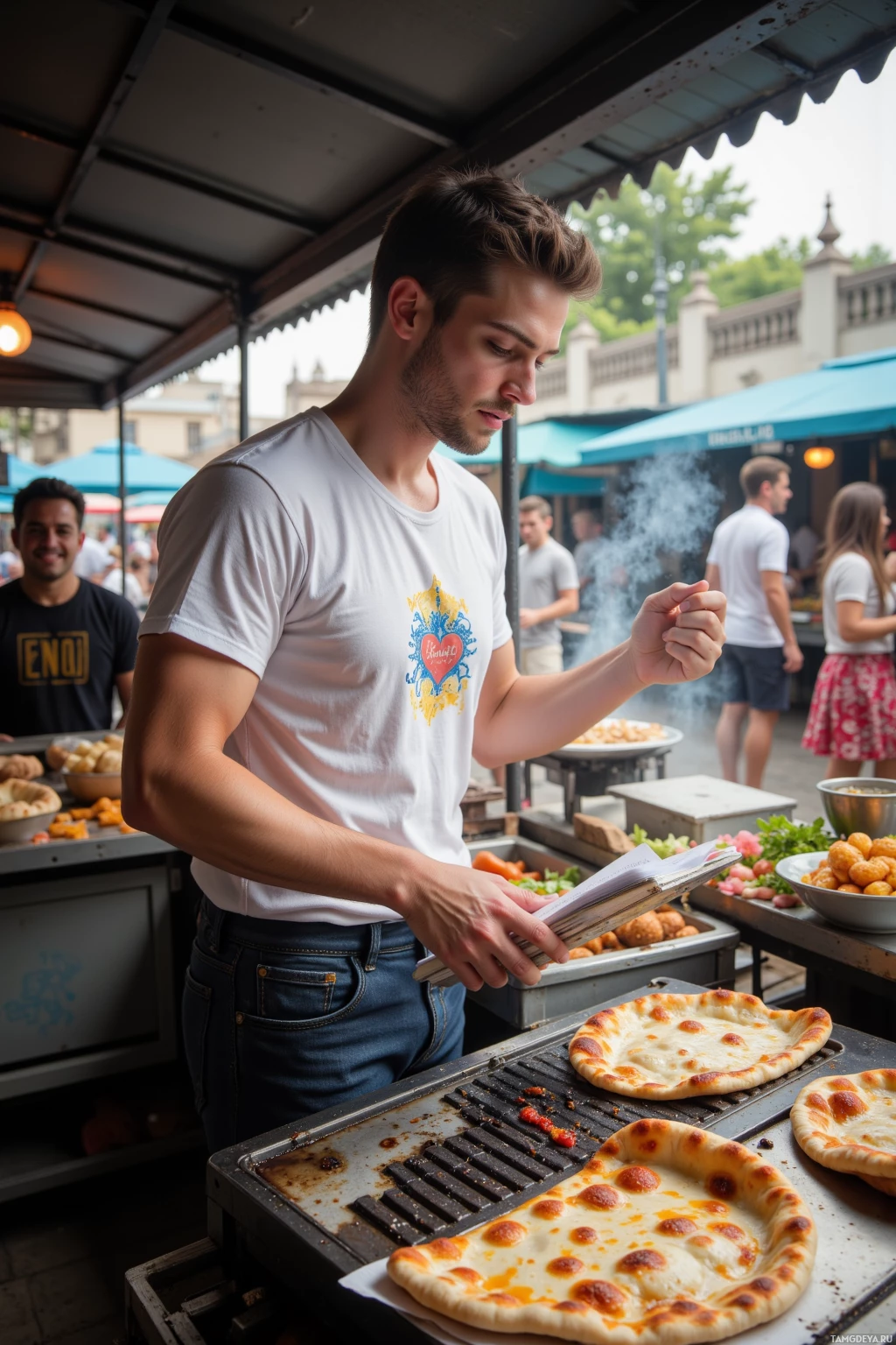 A man in a white t-shirt stands at a food stall, preparing or serving food.