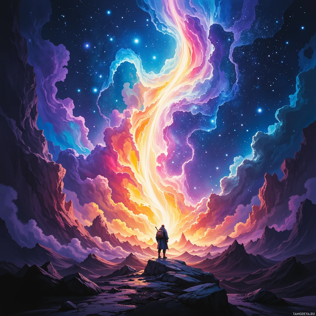 A lone figure stands on a rocky peak, gazing at a vibrant, cosmic sky filled with swirling clouds and stars.