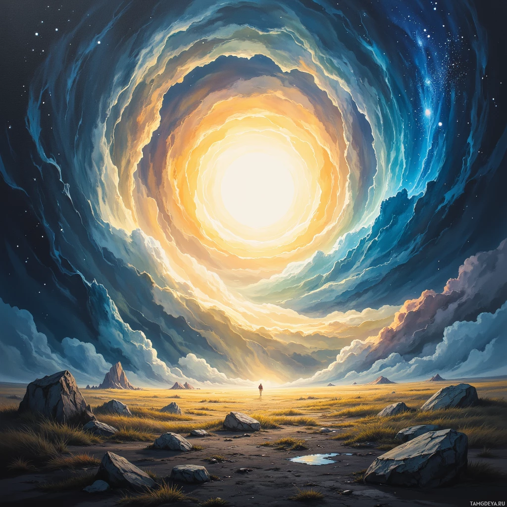 A surreal landscape with a swirling cosmic sky and a lone figure in a vast, open field.