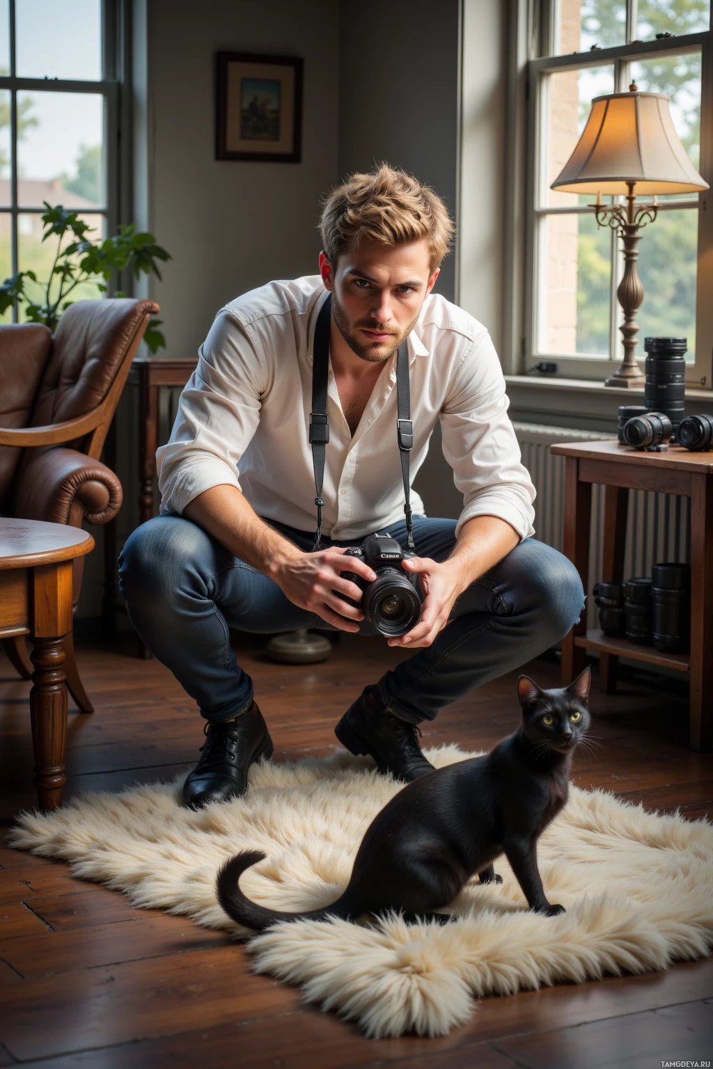 A man crouches indoors holding a camera, with a black cat sitting on a rug nearby.