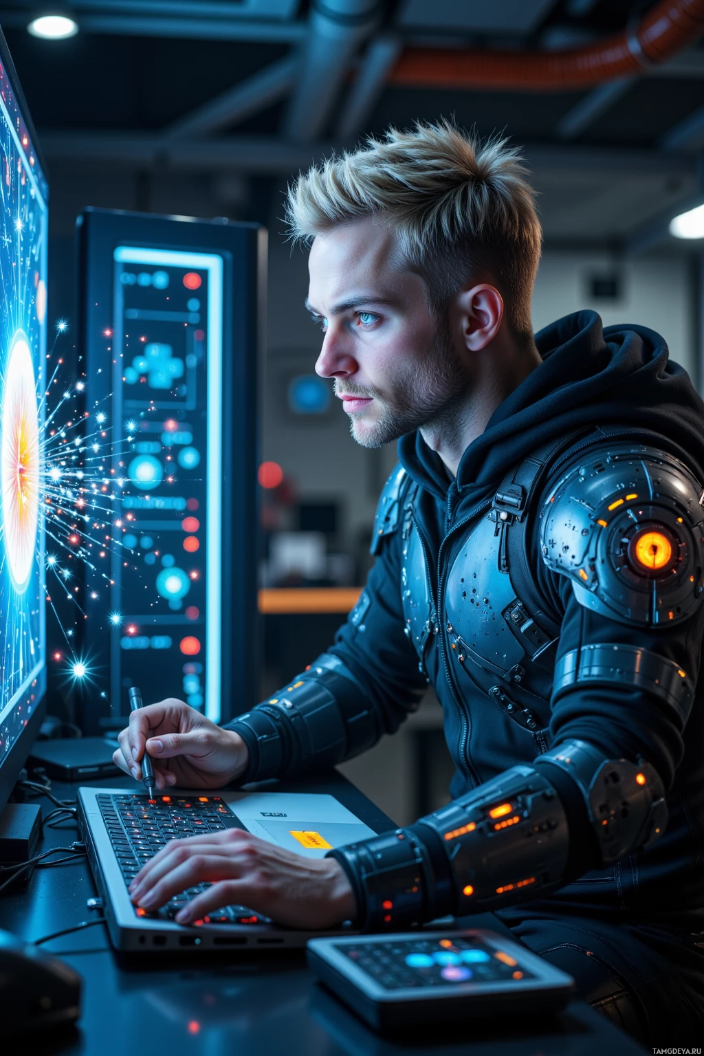 A person in futuristic attire works on a computer in a high-tech environment.