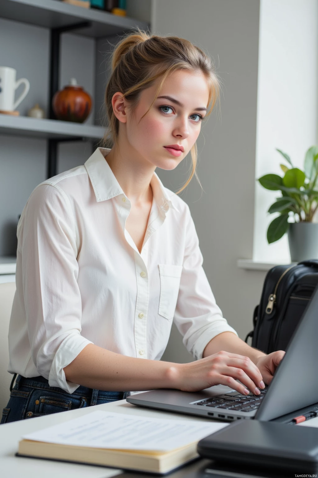 A woman in a white shirt is working at a desk with a laptop and a notebook.