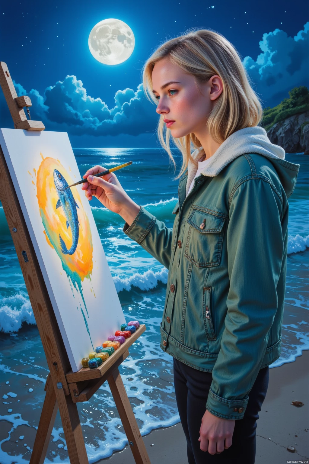 A person paints a fish on a canvas at an easel by the ocean under a full moon.