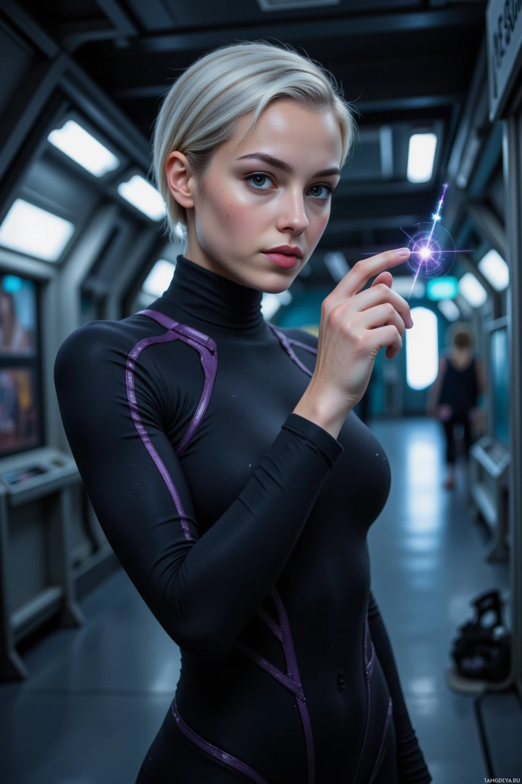 A person in a black and purple bodysuit stands in a futuristic hallway, holding a glowing object.