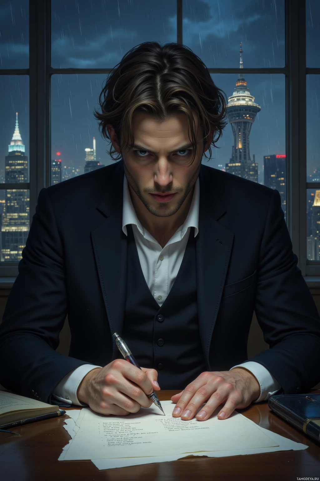 A man in a suit sits at a desk, writing in a notebook with a cityscape and a tower visible through the window behind him.