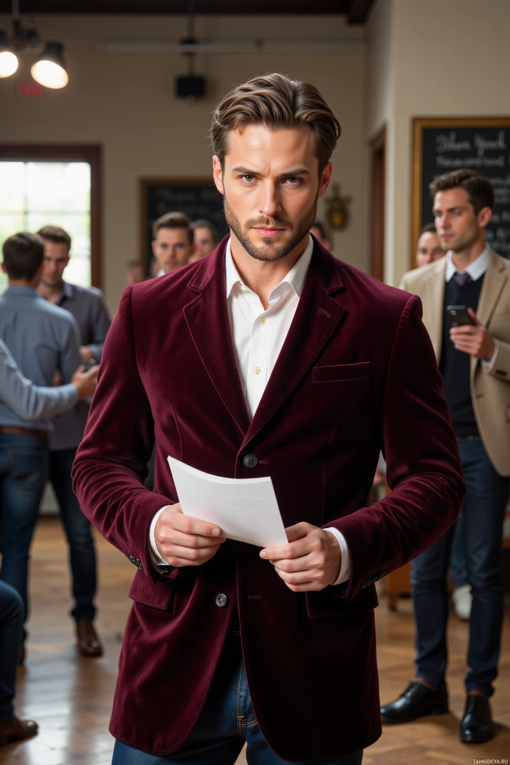 A man in a maroon velvet blazer holds a piece of paper, standing in a room with other people.