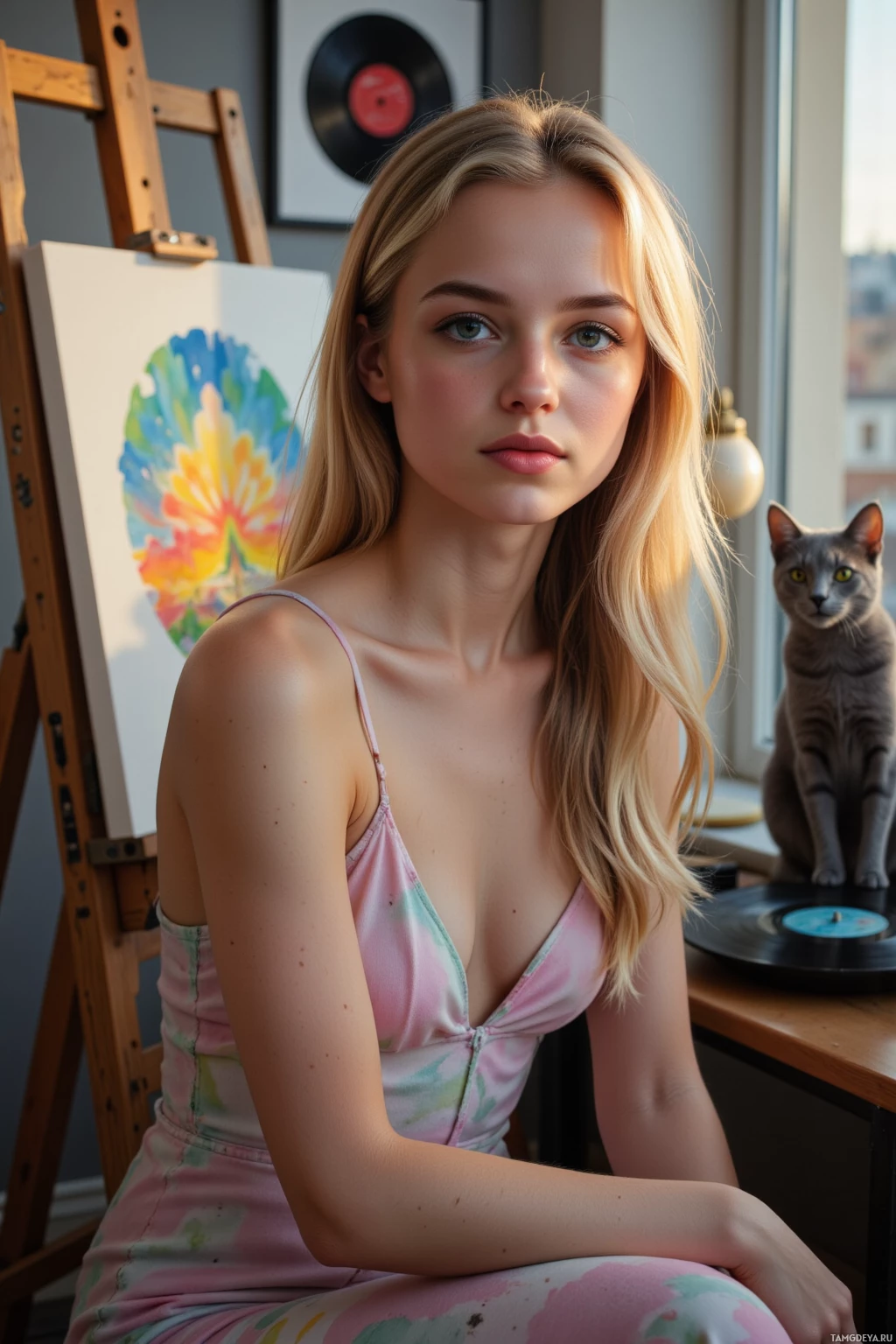A young woman in a floral dress sits in a room with an easel and a cat.