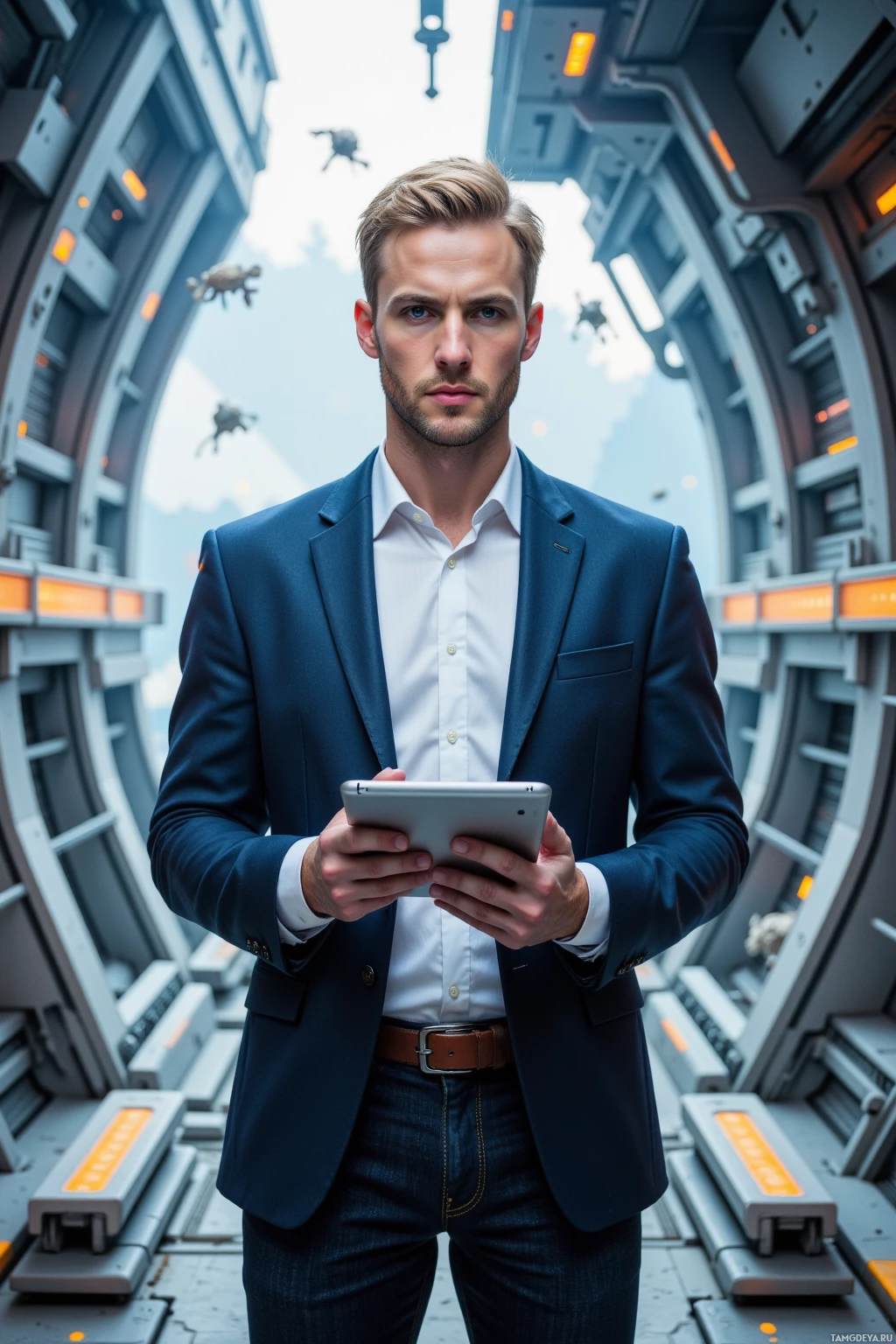 A man in a suit holds a tablet in a futuristic, industrial setting.