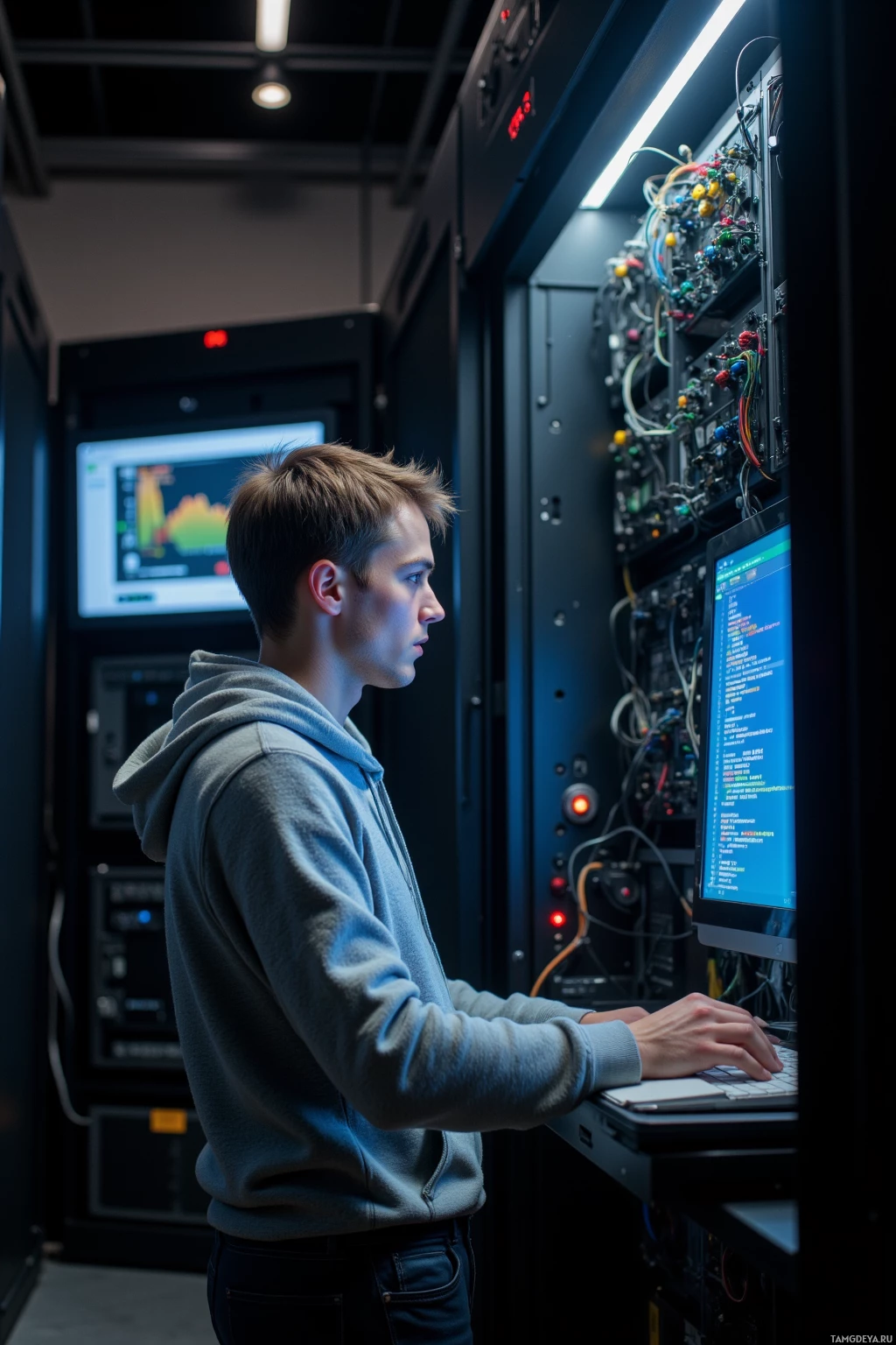 A person in a server room works on a laptop with a monitor displaying code.