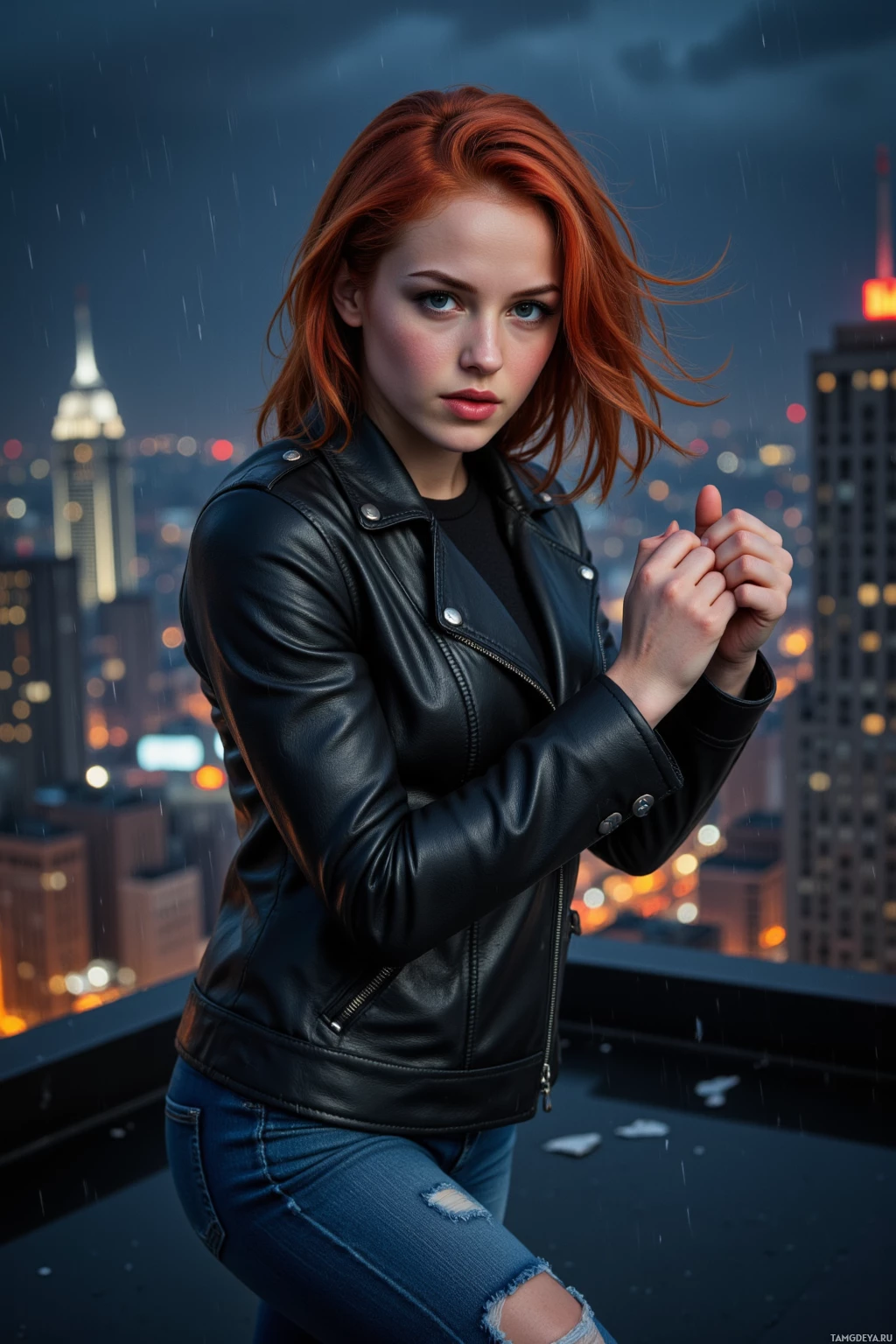 A woman in a leather jacket stands on a rooftop in a cityscape at night.
