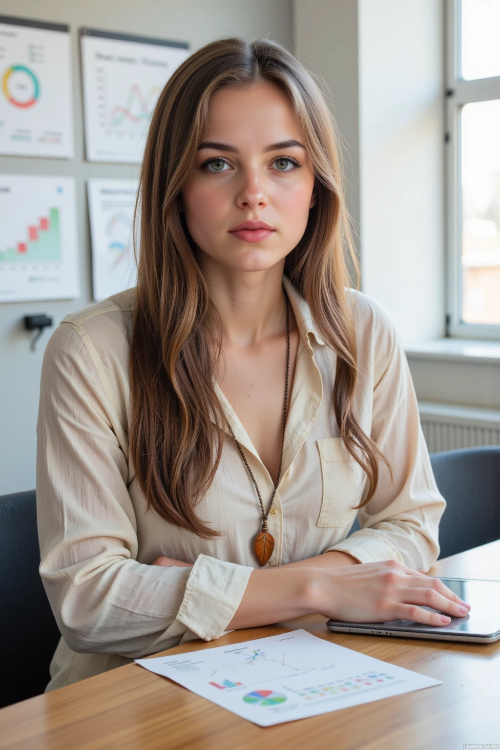 A woman sits at a desk in an office, wearing a beige blouse and a necklace, with documents and a laptop in front of her.