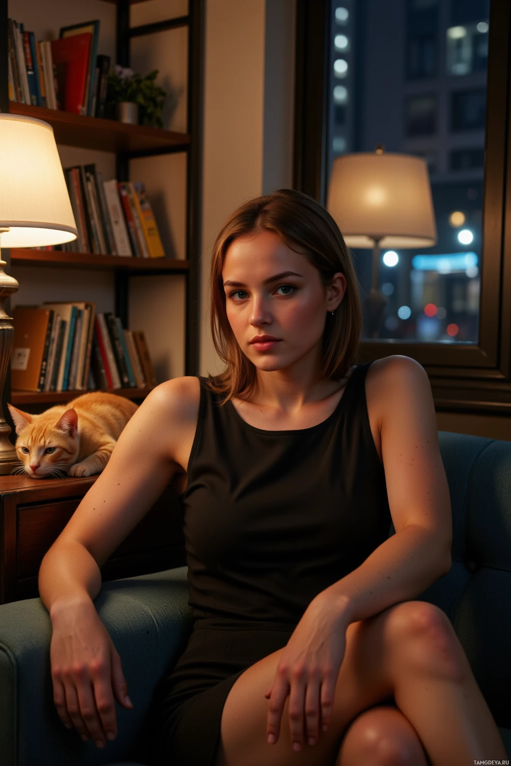 A woman sits on a couch in a dimly lit room with a cat resting beside her.
