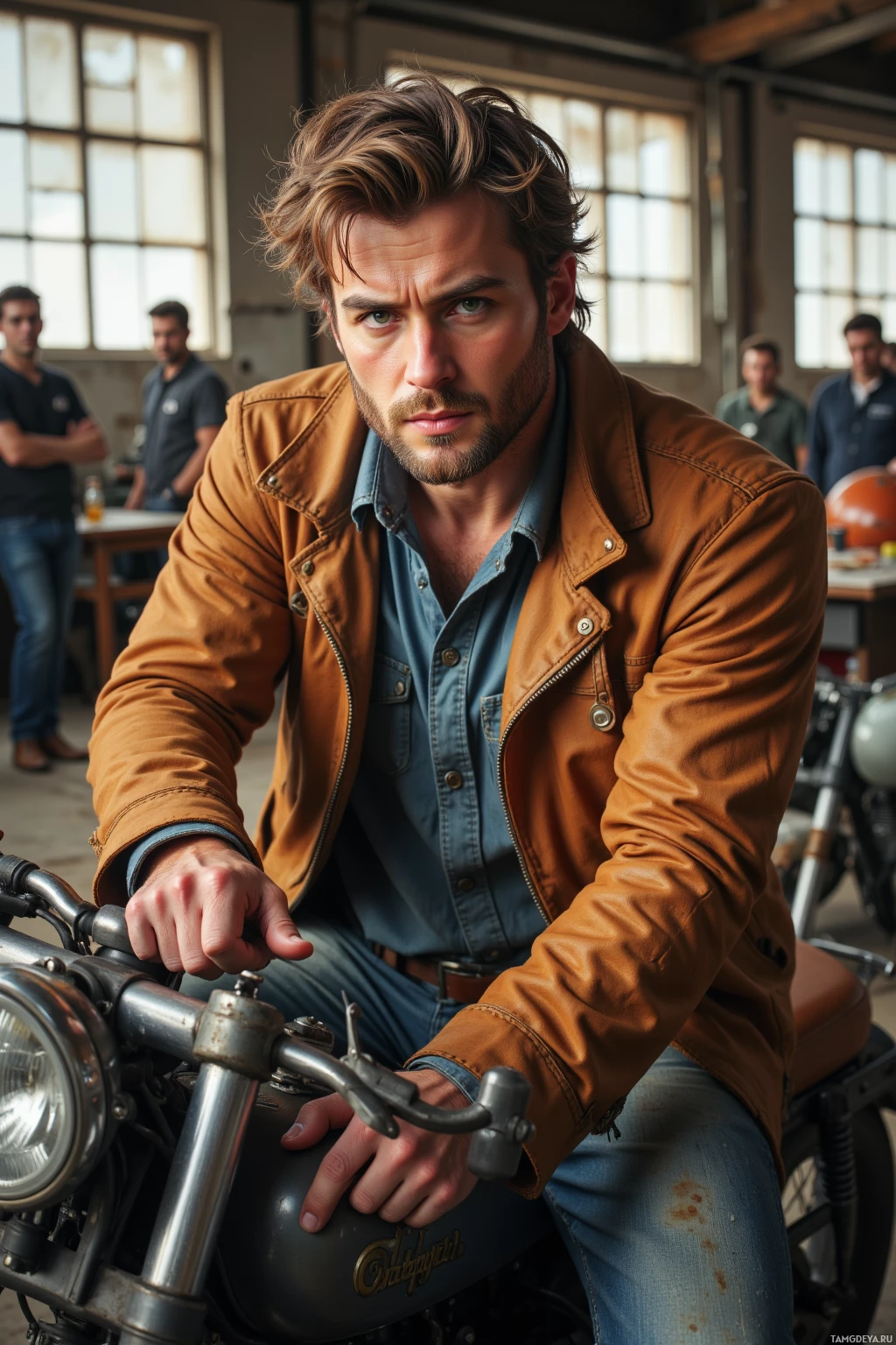A man in a brown leather jacket sits on a motorcycle in a workshop.