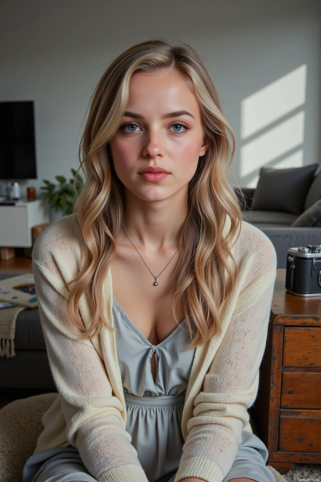 A woman with long blonde hair wearing a light-colored cardigan and a gray top, sitting in a cozy indoor setting.