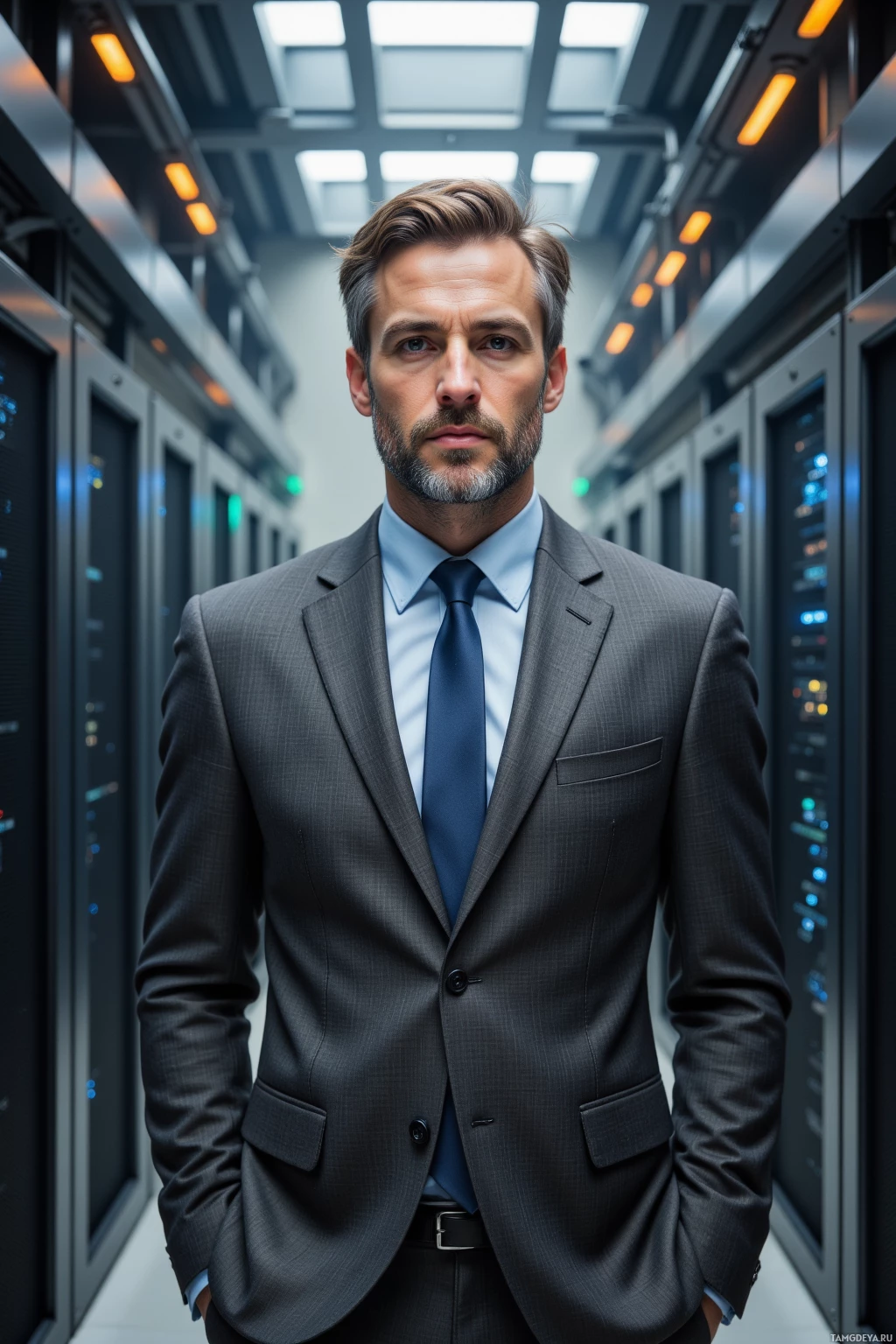 A man in a suit stands in a server room.