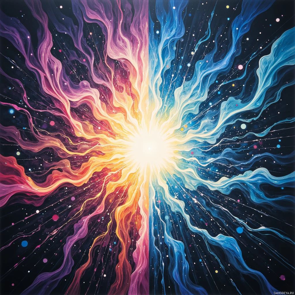 A vibrant cosmic explosion with swirling colors and star-like particles.