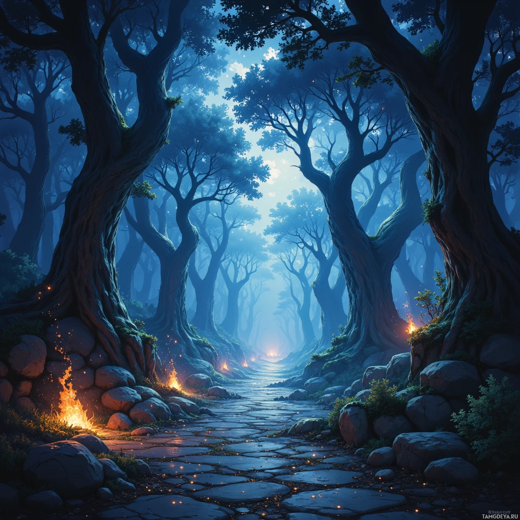A mystical forest path illuminated by glowing embers and surrounded by tall, ancient trees.