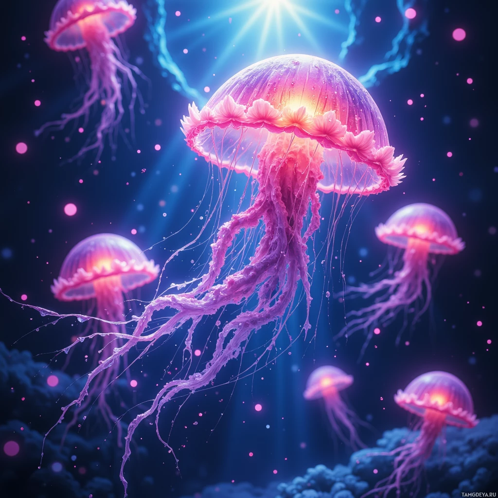 A vibrant underwater scene featuring glowing jellyfish with long tentacles against a dark, starry background.