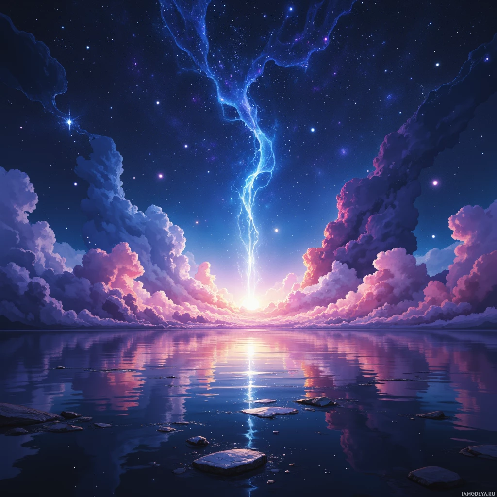 A serene night scene with a glowing horizon, vibrant clouds, and a calm body of water reflecting the sky.