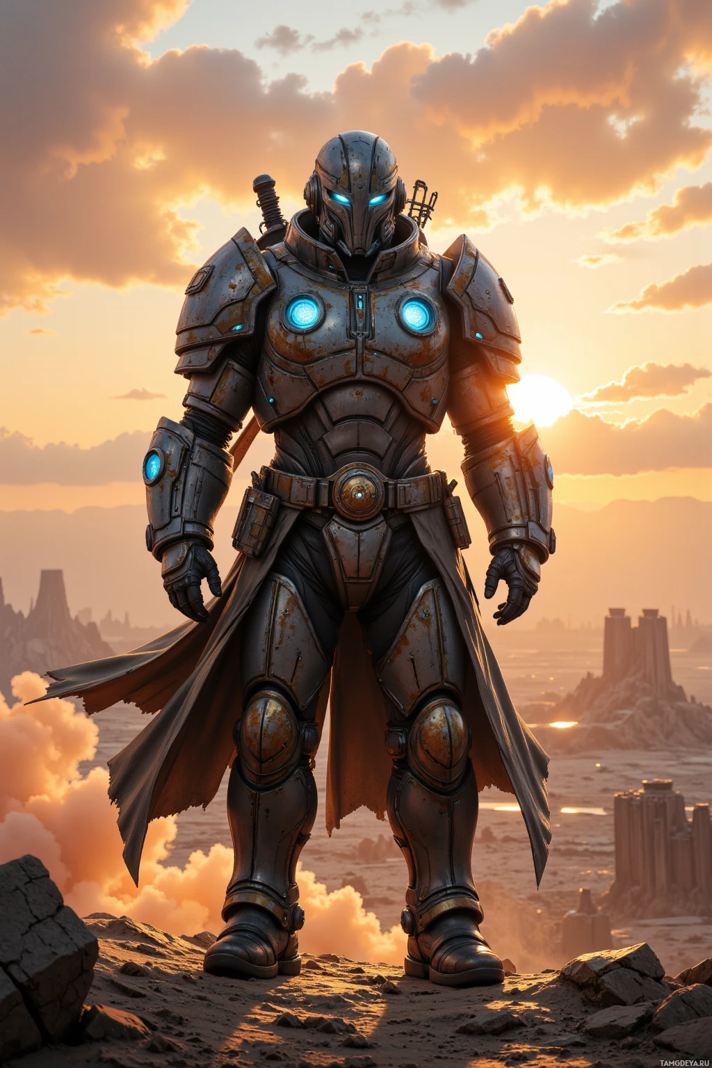 A futuristic armored figure stands on a rocky landscape under a dramatic sunset sky.