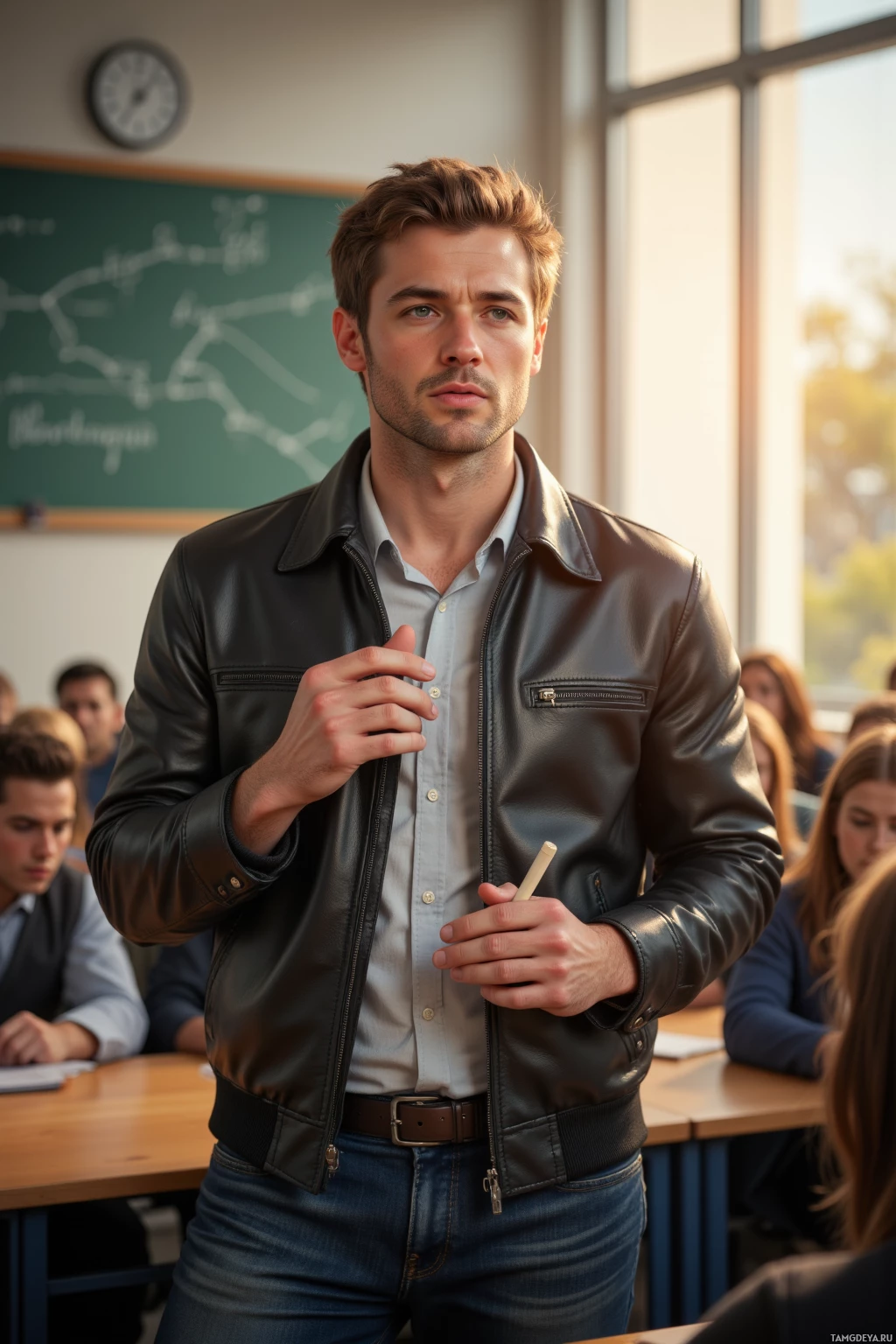 A man in a leather jacket stands in a classroom, holding a pen.