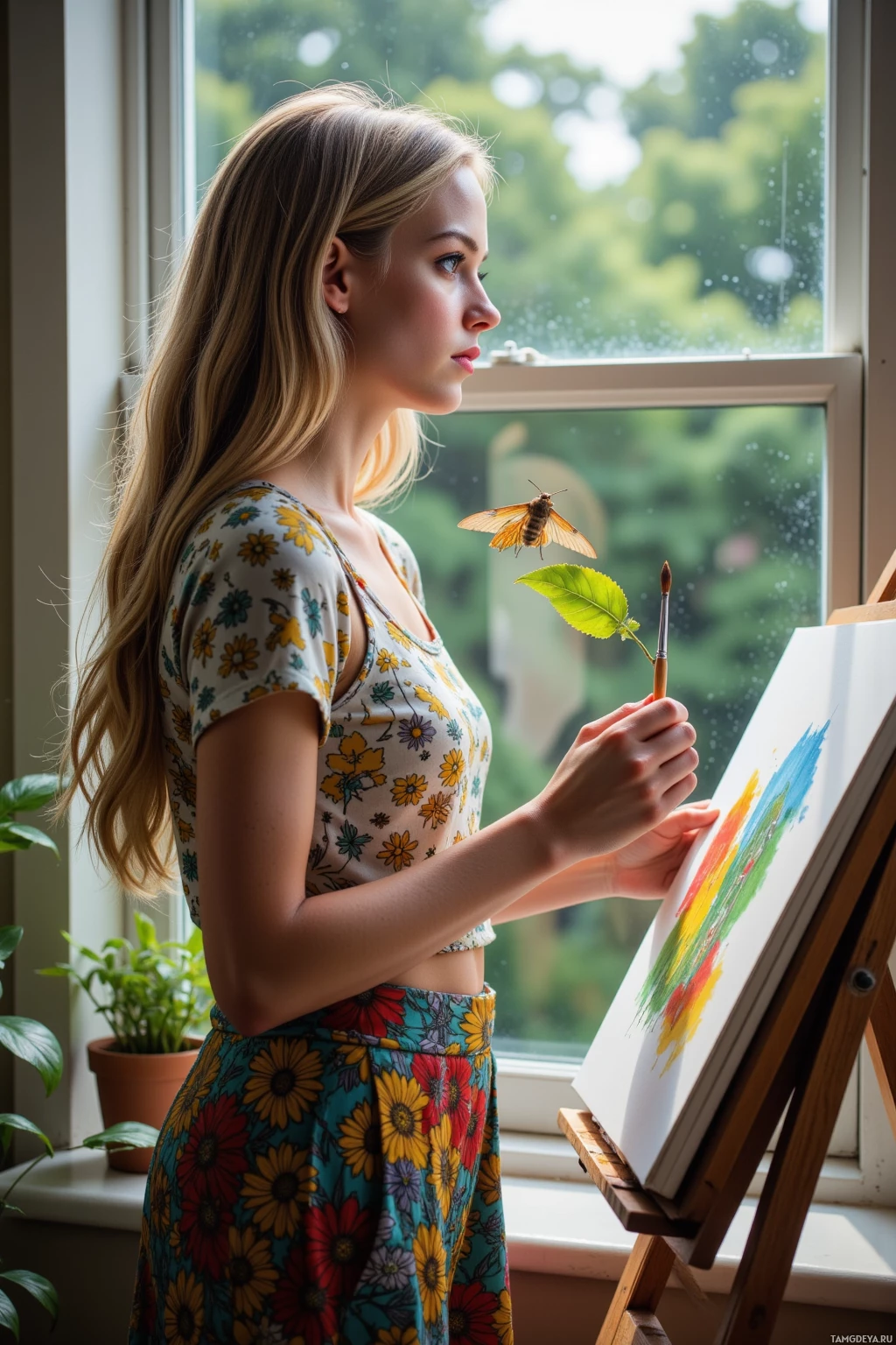 A woman paints on an easel by a window with a butterfly nearby.