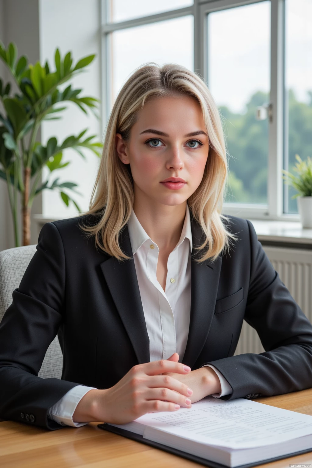 A woman in a professional suit sits at a desk with a document in front of her.