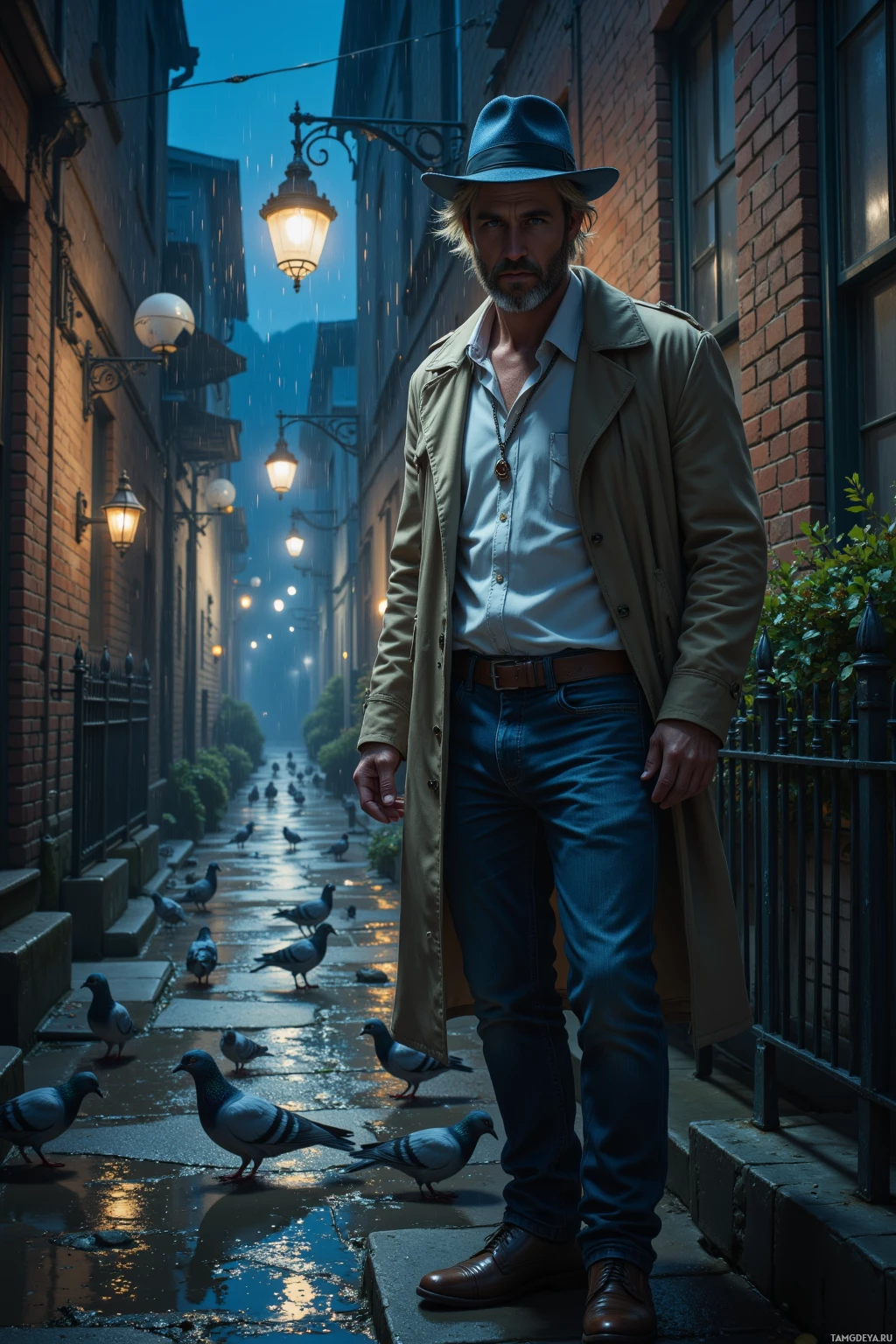 A man in a trench coat and fedora stands in a rainy alleyway with pigeons and streetlights.