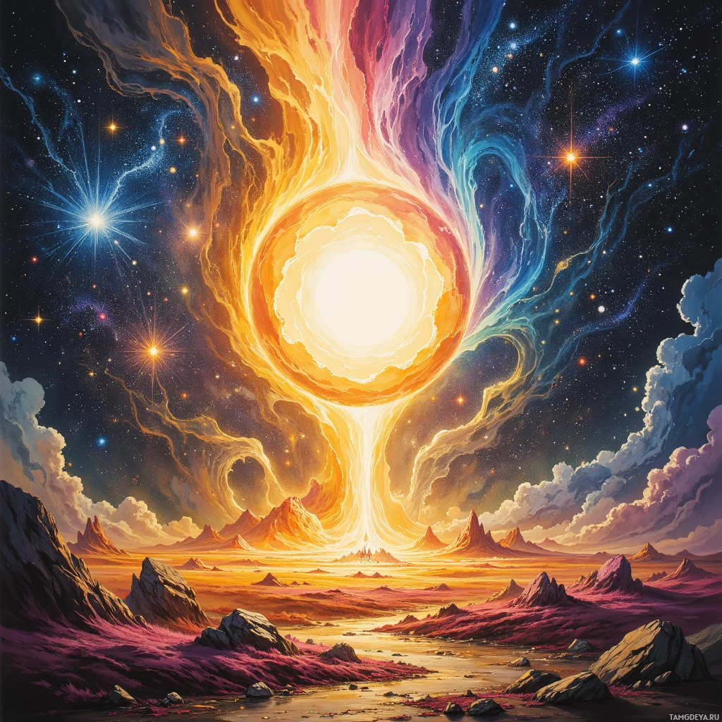 A vibrant cosmic scene with a glowing portal and starry sky above a rocky landscape.