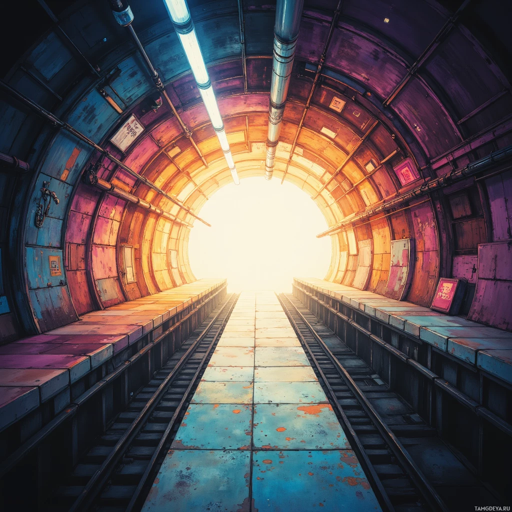 A futuristic tunnel with glowing lights and a bright light at the end.