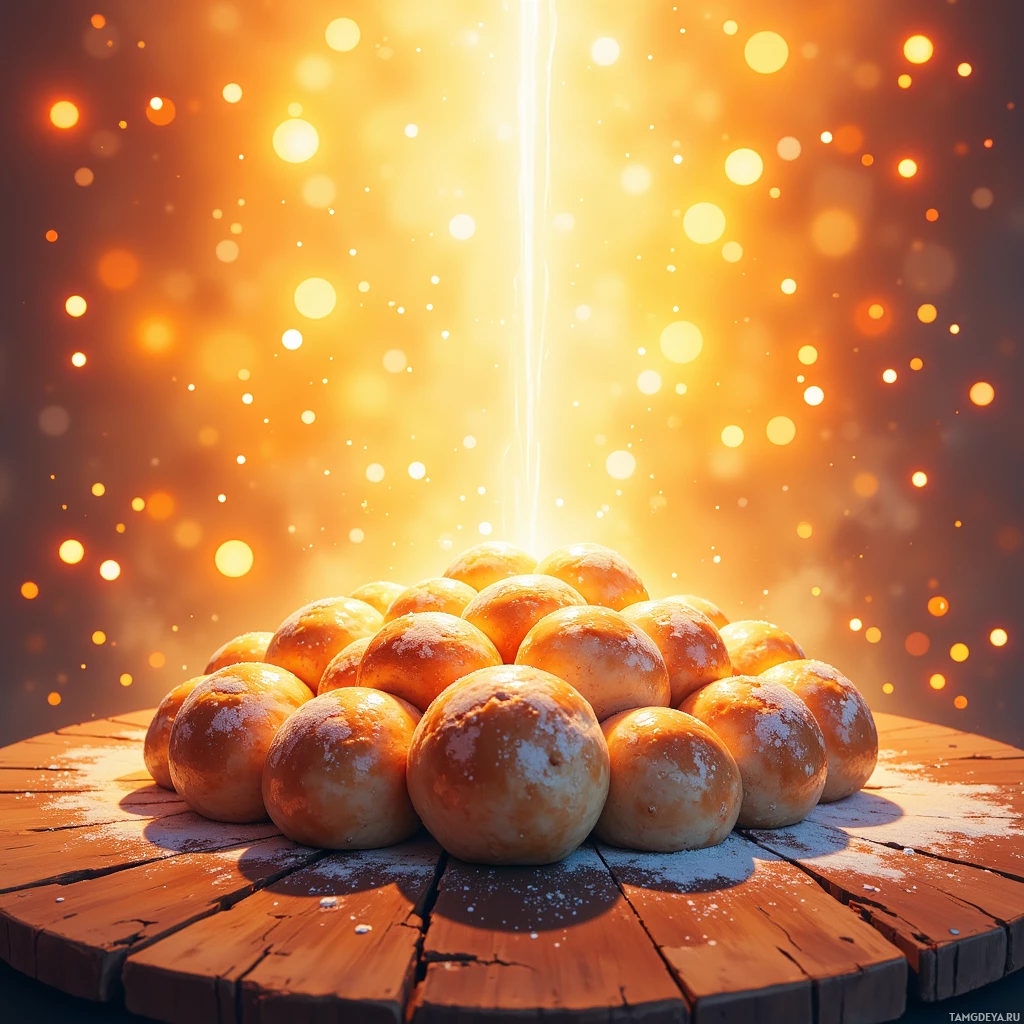A golden-brown pastry sits on a wooden surface with a glowing, radiant background.