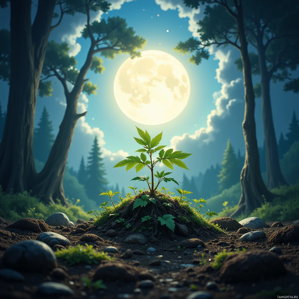 A serene forest scene with a full moon shining brightly above, a small plant growing on a mound of earth surrounded by rocks and trees.