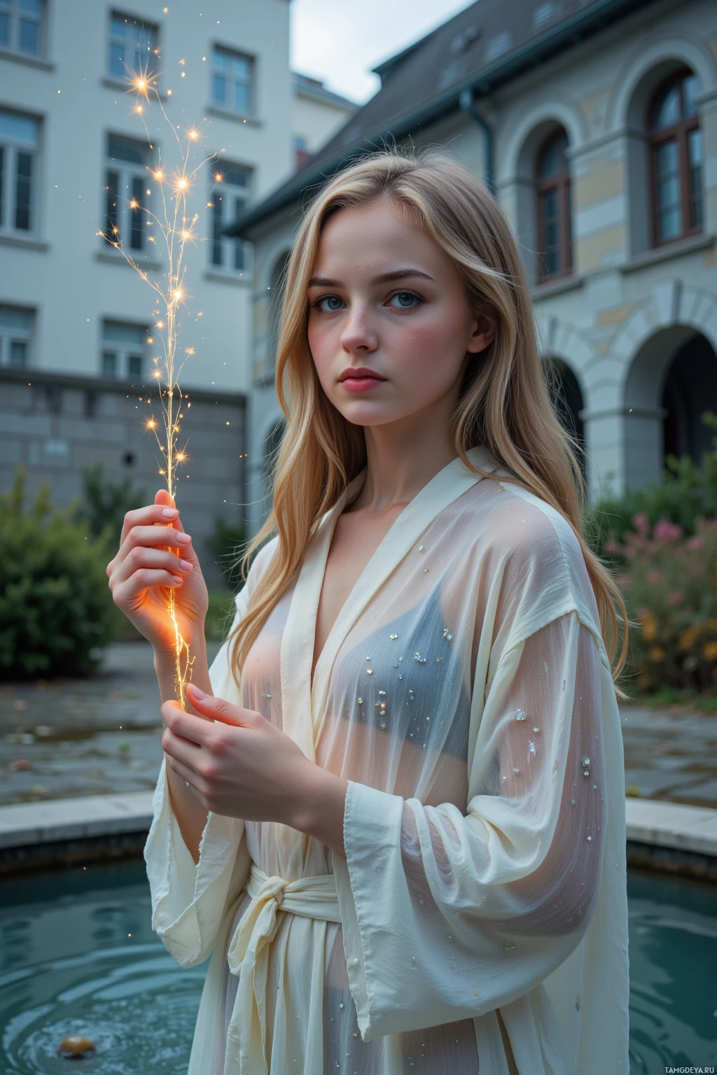 A woman in a light-colored robe holds a sparkler in front of a building.