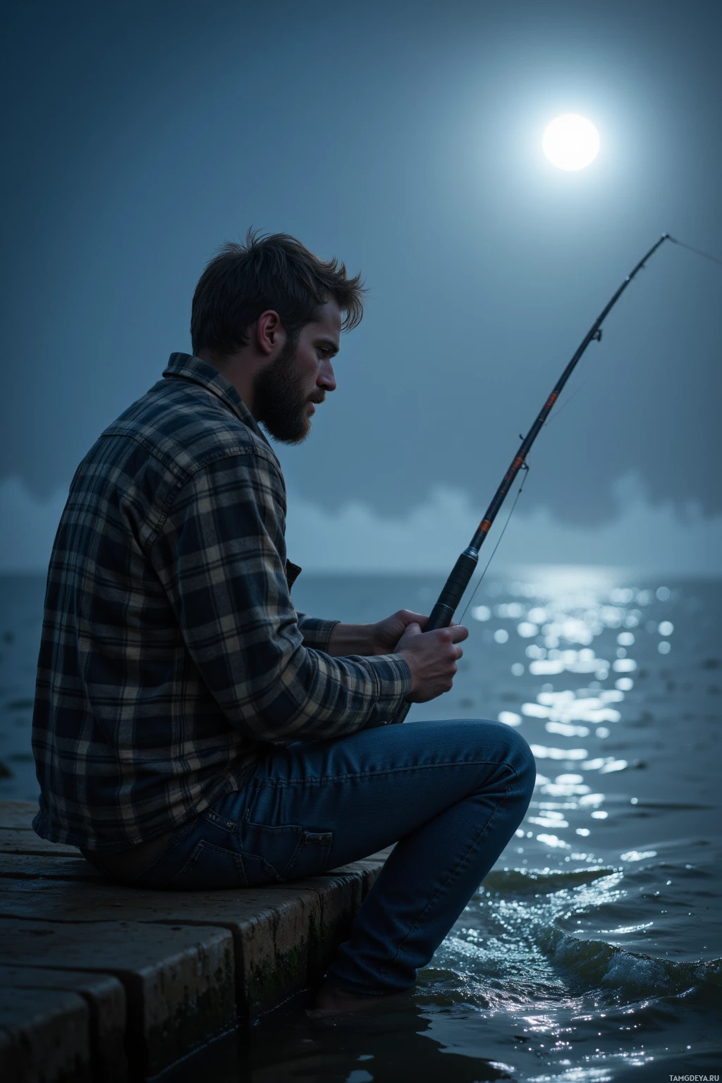 A man sits on a dock at night, fishing under a full moon.