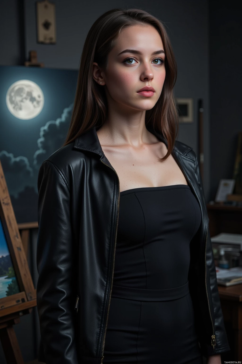 A woman in a black leather jacket and dress stands in front of a painting.