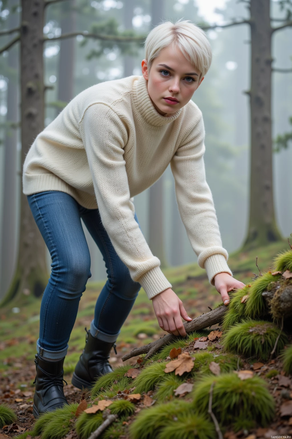 A person in a forest bends down to touch a mossy log.